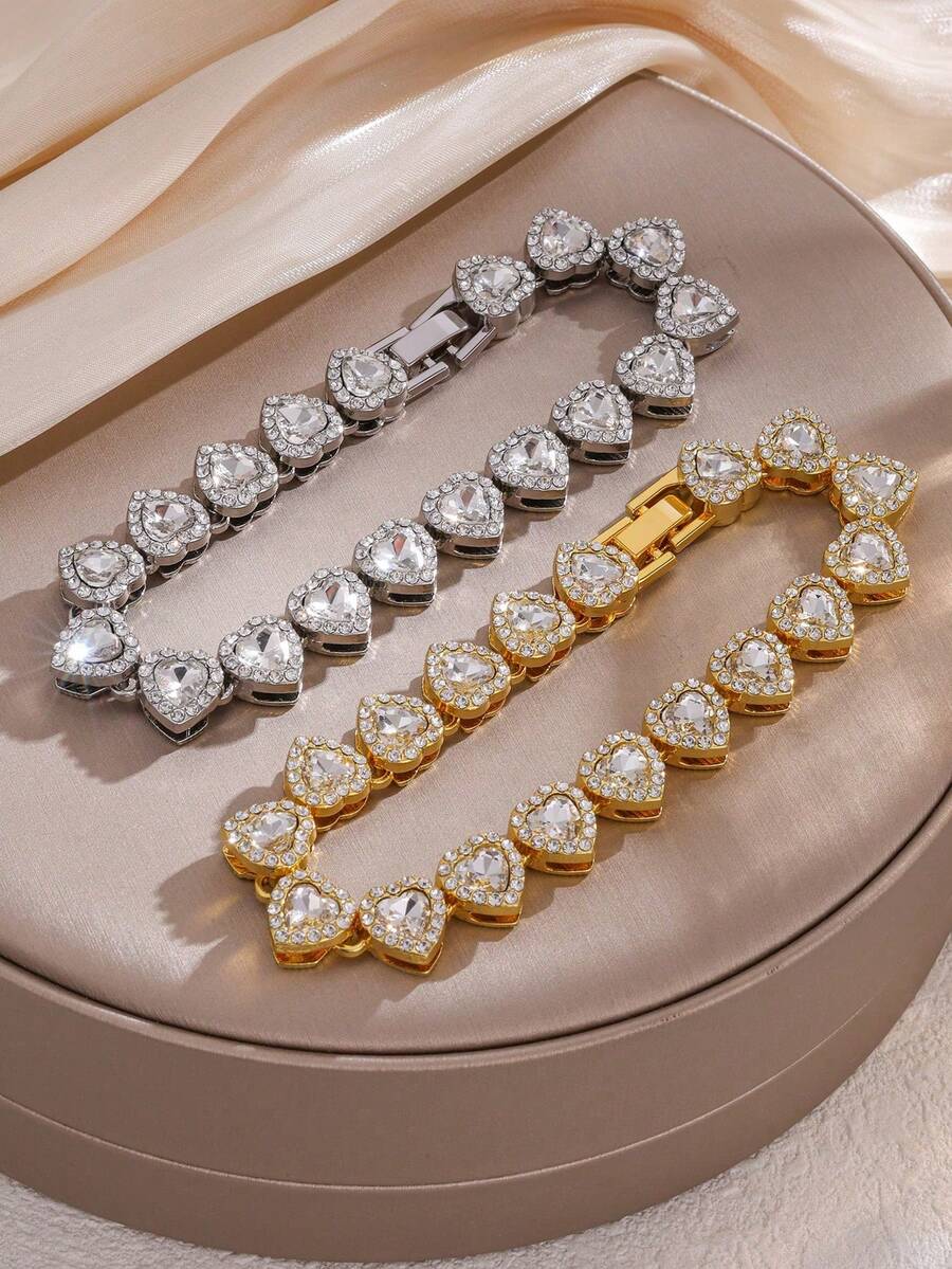 1pc Classic Versatile Heart-Shaped Zirconia Inlaid Copper Bracelet, Silver/Gold Color Options, Suitable For Students, Campus Daily Wear, Nice Gift For Friends - Bracelet - View 1