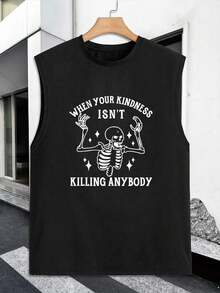 1PC Men's Vest With "WHEN YOUR KINDNESS ISN'T KILLING ANYBODY" Print Design, 180g Pure Cotton Vest, Seamless, Sweat-Wicking, 100% Cotton, Loose American-Style Tank Top For Sports And Fitness. - 黑色 - 查看 3