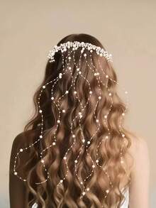 Tocado de múltiples capas de perlas falsas con borlas, accesorio de moda para el cabello adecuado para bodas y fiestas - Blanco - Ver 3