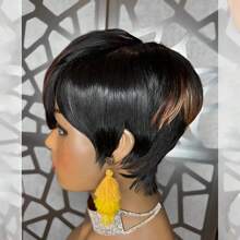 Summer Style Side Part Layered Short Brown Wigs With Gold Red Highlights Realistic Wig Synthetic Easy Install Wigs Whisper Lite Skunk Stripe Hair Edgy Short Pixie Wig Asymmetrical Fringe And Rich Feathery Layers Shades Of Brown Pixie Layered - black with brown blonde highlights - 查看 3