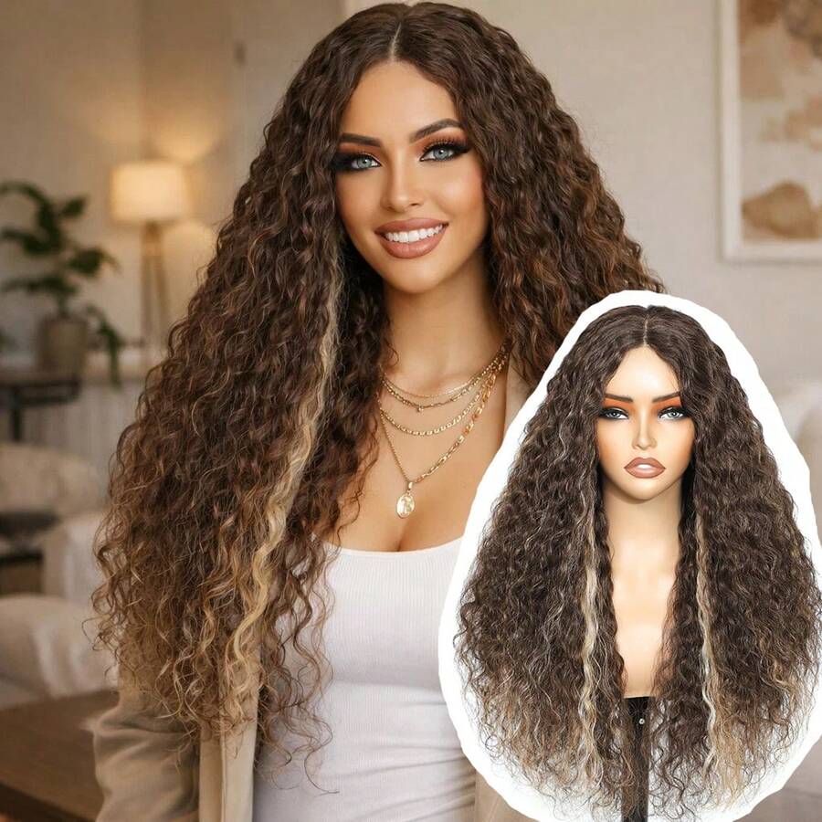 Tóc giả gợn sóng nước, highlight ombre, xoăn, kiểu lace front, 100% protein silk, dài 26 inch, tóc giả tổng hợp xoăn được nâng cấp với chất liệu cao cấp.