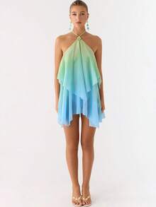 Bohemian-Style Women's Dress - Ombré Halter Neck With Tie Detail, Ruffled Sleeveless Design; A Stylish  Casual Summer Dress - 天藍色 - 查看 5