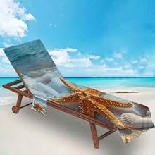 1件超柔软微纤维沙滩椅套，饰有海星和贝壳图案 - 速干、轻便毛巾，带口袋，适用于泳池、沙滩、露营和野餐，可用作沙滩毯 - A - 查看 1