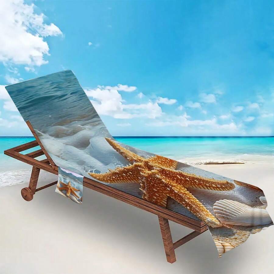 1件超柔软微纤维沙滩椅套，饰有海星和贝壳图案 - 速干、轻便毛巾，带口袋，适用于泳池、沙滩、露营和野餐，可用作沙滩毯 - A - 查看 1