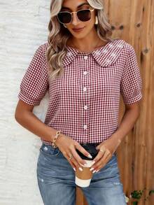 女士可爱彼得潘领灯笼袖休闲衬衫，适合日常、度假、通勤，四季皆宜，夏季 - 紅白色 - 查看 6