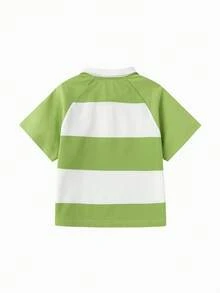 Balabala Toddler Boys Summer Fashion Short Sleeve Raglan Polo Shirt, Stylish Kids Casual Button-Up Top - Green and White - View 2