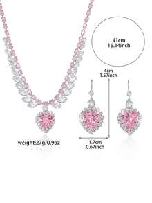 2pcs/Set Gentle & Cute Zirconia Pink Heart-Shaped Necklace & Earrings Set For Women, Suitable For Party Wear - Multicolor - View 3