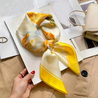 Chic Yellow Floral Square Scarf - Versatile And Breathable, Headbands And Neck Accessories