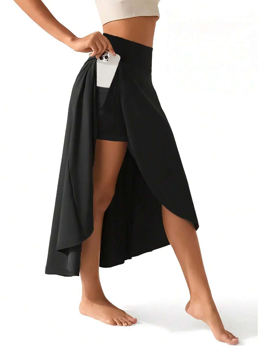 Women's High Waisted Sports Skirt With Built-In Shorts Pocket - Lightweight Elastic Fitness Skirt Pants,  Yoga Elegant Leggings, All Season Universal Fitness Suit - 黑色 - 查看 1