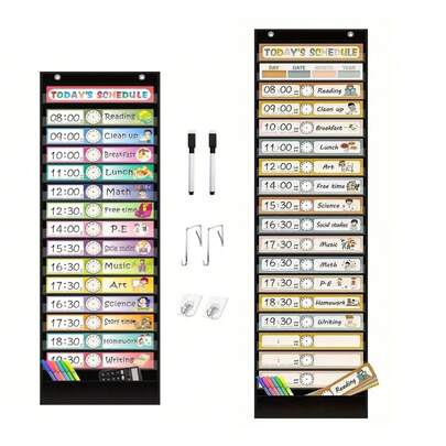 1个大号教室日程管理口袋图表，采用耐用无纺布材质，配有教学挂袋、日程卡、粘钩、门后挂钩和可擦笔，适用于课堂教学、家庭学习、办公规划和时间管理。