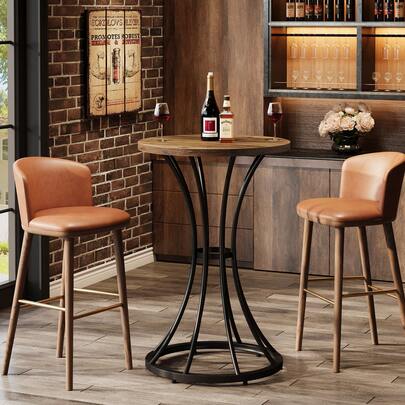 Tribesigns 37.4" H Bar Table, Round Bar Table With Curved Metal Base, High Top Pub Table For Small Spaces, Living Room, Kitchen, Or Apartments (Brown & Black)