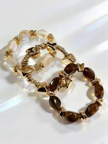 3件套复古多层棕色亚克力串珠手链，可变换造型的金色碎屑手链，适合女性、情侣、派对、日常佩戴 - 復古多色串珠手鍊 - 查看 1