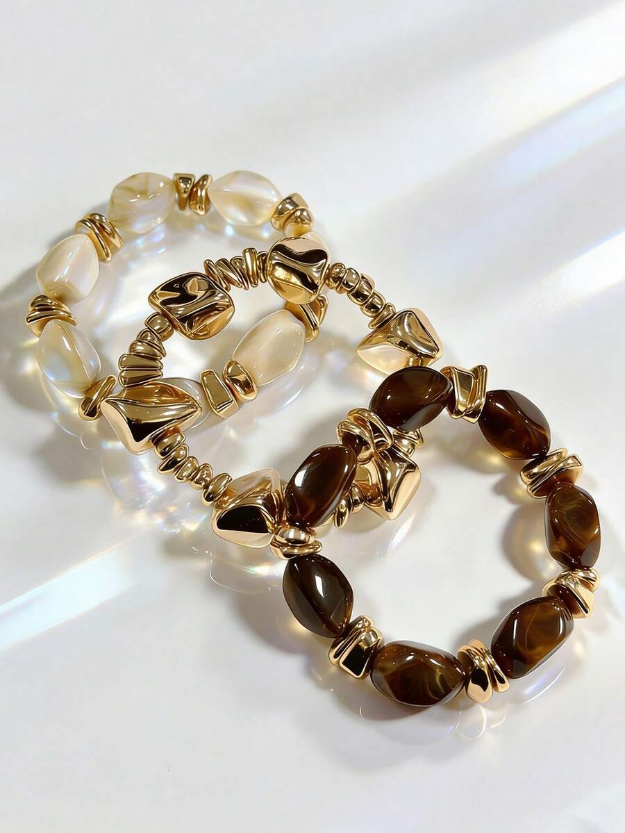 3件套复古多层棕色亚克力串珠手链，可变换造型的金色碎屑手链，适合女性、情侣、派对、日常佩戴 - 復古多色串珠手鍊 - 查看 1