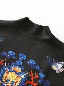 Cárdigan tipo kimono con estampado de grulla y nube auspicios estilo chino, chaqueta ligera de protección solar de 3/4 de manga para hombres - Negro - Ver 6