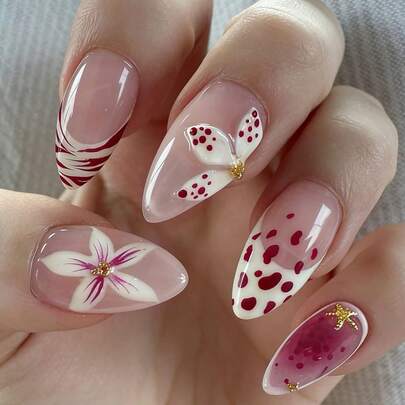 24pcs Medium Almond-Shaped Pink & White Flower Rhinestone Fake Nails, Medium Size Ins Style Press-On Removable Artificial Nails, Suitable For Party, Ball, And Daily Wear