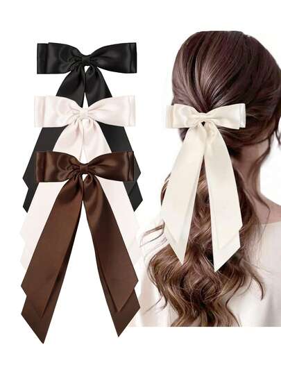 3pcs/1pc Black/Beige/Brown Satin Elegant 24cm/9.44in Long Bow Hair Clips, Minimalist Chic Vintage Princess Style Suitable For Women Daily, Casual, Commute, Travel, School, Party, Holiday, Gift