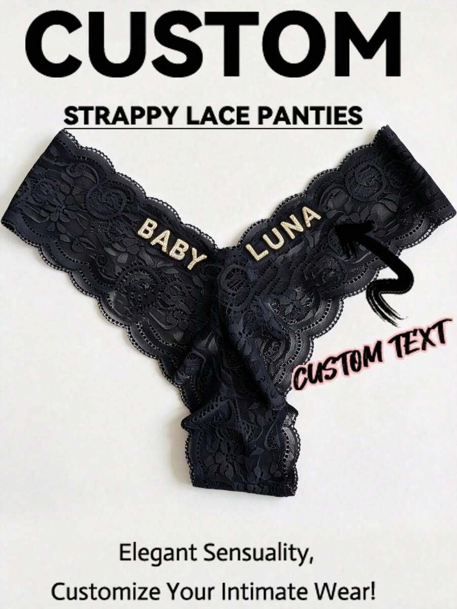 Personalized Rhinestone Lettering Thongs, Customized Lace-Trimmed Sexy Women's Panties, Multi-Colored Breathable Custom Bridal Lingerie