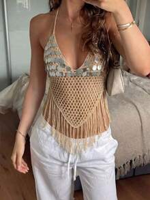 Áo dệt kim nữ SEREN đính sequin, tua rua, khoét eo, gợi cảm, đa năng, thích hợp cho buổi hẹn hò. - Màu Khaki - Xem 2