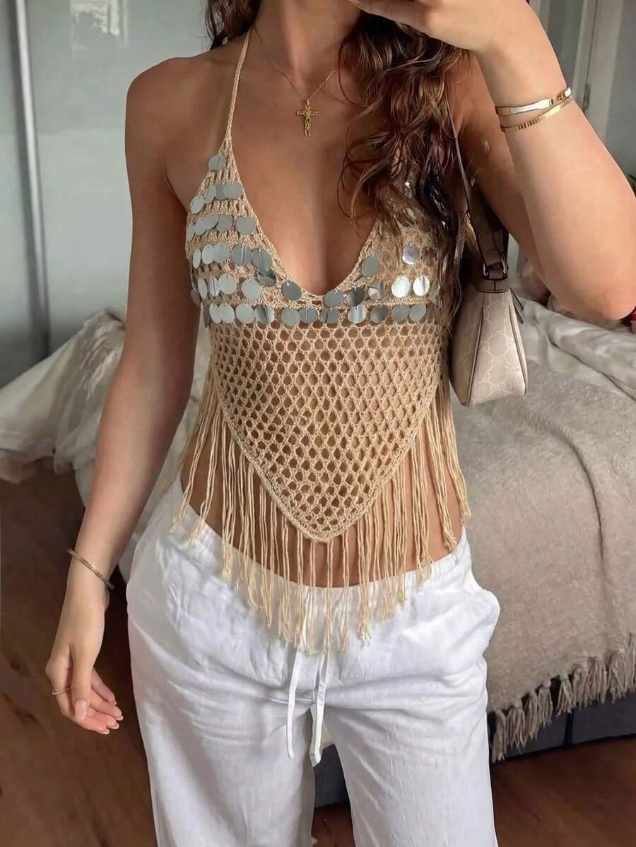 Áo dệt kim nữ SEREN đính sequin, tua rua, khoét eo, gợi cảm, đa năng, thích hợp cho buổi hẹn hò. - Màu Khaki - Xem 1