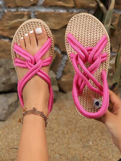 1 Pair Women's Casual Woven Rope Sandals, Boho Style Criss-Cross Woven Strap Decor, Breathable Linen And Soft Rope Material, Non-Slip Thick Platform Design, Open Toe Style + Adjustable Multiple Straps, Flat Heel, Bohemian Holiday Style, Suitable For Summer Outdoor, Pool Side, Travel, Commuting And Daily Wear, Comfortable And Versatile, Essential Vacation And Leisure Sandals For European And American Women