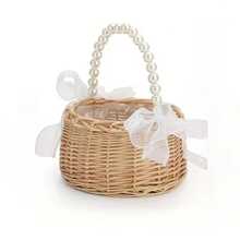 1个手工编织柳条花篮，配珍珠手柄和蝴蝶结装饰 - 优雅的棕色编织收纳篮，适用于婚礼、复活节、派对礼物、礼品篮 - 经久耐用，用途广泛，是理想的家居装饰品。 - 彩色 - 查看 10