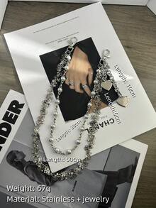 不锈钢心形链，时尚中性奢华配饰，Y2K多功能链，适合搭配包包 - 銀色 - 查看 13