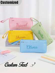 Customizable Text Print Stationery Bag, Large Capacity High Visual Appeal Gift, Minimalist Pencil Case, Suitable For Logo Printing, Decorative, Reusable, Colorful, Cartoon, Cute, Customized, Personalized, Workers, Students, Work/Office, School Supplies - Multicolor - View 1
