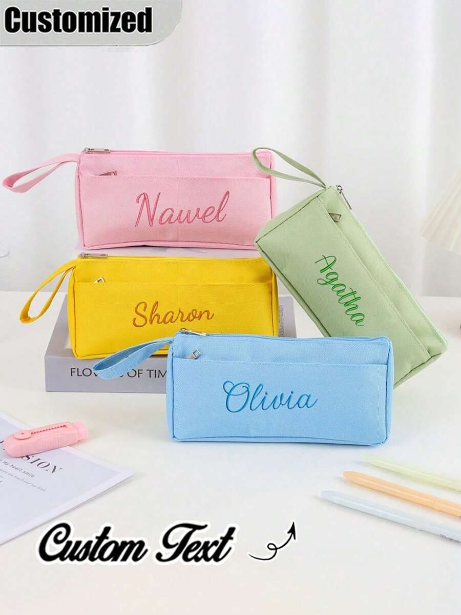 Customizable Text Print Stationery Bag, Large Capacity High Visual Appeal Gift, Minimalist Pencil Case, Suitable For Logo Printing, Decorative, Reusable, Colorful, Cartoon, Cute, Customized, Personalized, Workers, Students, Work/Office, School Supplies - Multicolor - View 1
