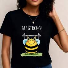 Camiseta con estampado gráfico, manga corta y cuello redondo, top casual para verano y primavera, ropa de mujer- 1pcs, 180Gsm, 100% Cotton - Negro - Ver 1