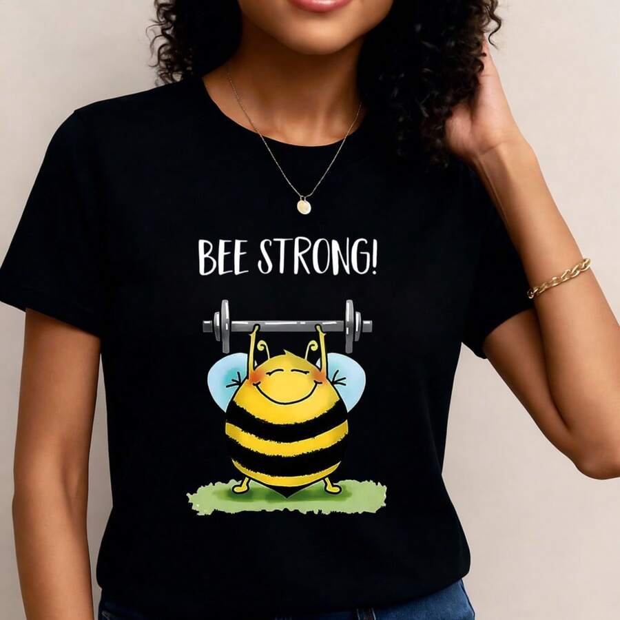 Camiseta con estampado gráfico, manga corta y cuello redondo, top casual para verano y primavera, ropa de mujer- 1pcs, 180Gsm, 100% Cotton - Negro - Ver 1