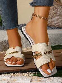 Sandal đế bằng một quai cho nữ, điểm nhấn dây xích kim loại, chất liệu da PU, thời trang, thích hợp cho kỳ nghỉ, bãi biển, đám cưới, mùa hè. - Màu be - Xem 5
