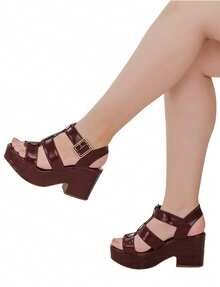 Women's Wedge Sandal With Platform Heel, Shekinah Style, Wide Buckle, Fashion - 紅木色 - 查看 2