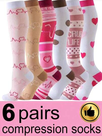 6 Pairs Women's Compression Socks, Cute Pattern Sports Breathable Knee-High Socks, Suitable For Running, Cycling, Hiking, Travel, Gym, Autumn