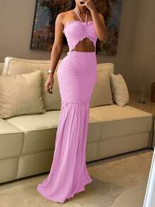 ChicMe Vestido sexy de fiesta, vacaciones, con cintura con cordón, fruncido, bajo de sirena y fruncido para mujer - Rosa Pálido - View 2