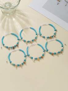 6件套波西米亚风玻璃珠手链套装，人造贝壳和绿松石可调节抽绳手链，女士沙滩派对配饰 - 藍白色 - 查看 3