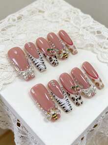 10片法式美甲，斑马纹、蜜蜂、蝴蝶、樱桃图案，镶钻奢华人造指甲，适合女孩、节日、婚礼、派对等场合。 - 彩色 - 查看 9