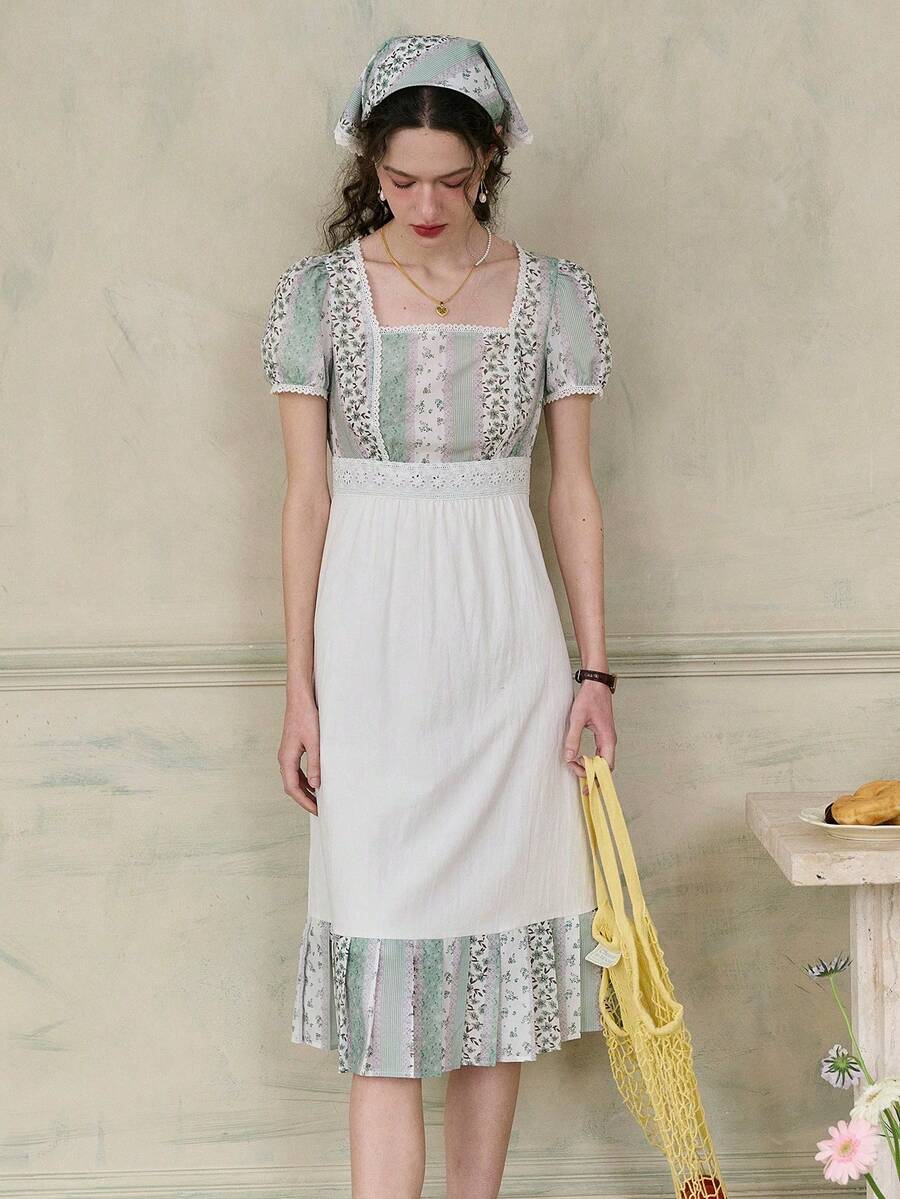 女士印花泡泡袖中长连衣裙，饰有蕾丝细节 - 綠色 - 查看 1