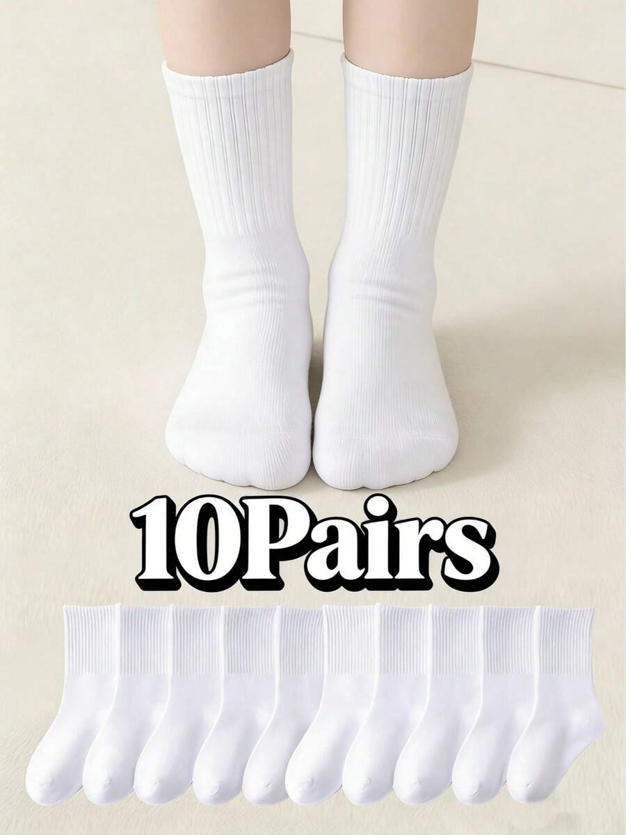 10双装儿童青少年学生袜，日常休闲袜，足球运动中筒袜 - 白色 - 查看 1