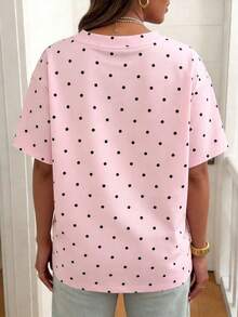 Camiseta Casual de Manga Corta para Mujer, Talla Grande, Cuello Redondo, Color Rosa Claro con Estampado de Lunares, para Verano - Colores mixtos - Ver 2
