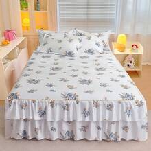 Juego de 3 piezas de falda de cama con volantes dobles y diseño floral minimalista moderno, ropa de cama para dormitorio (1 falda de cama, 2 fundas de almohada, sin núcleo interior) - Blanco - Ver 2