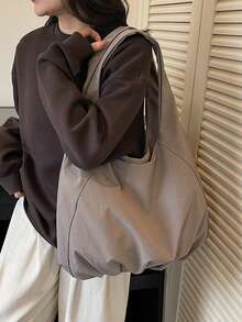 1 件装米色褶皱底部柔软人造革大容量敞口单肩包，适合女性日常通勤 - 彩色 - 查看 2