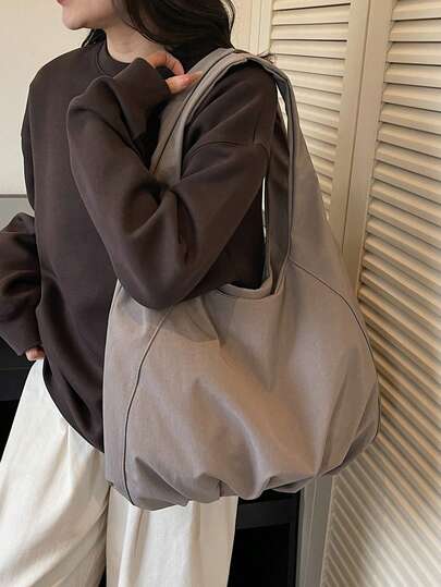 1 件装米色褶皱底部柔软人造革大容量敞口单肩包，适合女性日常通勤