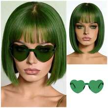 Cyberpunk Bob Wig & Glasses Set - 20+ Neon Colors With Adjustable Fringe | Multi-Tone Synthetic Hair For Cosplay, Rave, Halloween & Daily Bold Fashion (Hot Red/Lime Green/Orange/Light Pink/Plum Purple/Neon Blue/Neon Lilac/Golden Blonde/Black) - 綠色 - 查看 3