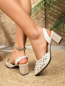 2026 Summer New Fashion Hollow-Out Peep Toe Pumps, Sexy Thick Heel Backstrap Breathable High Heels Dress Shoes For Women - White - View 4