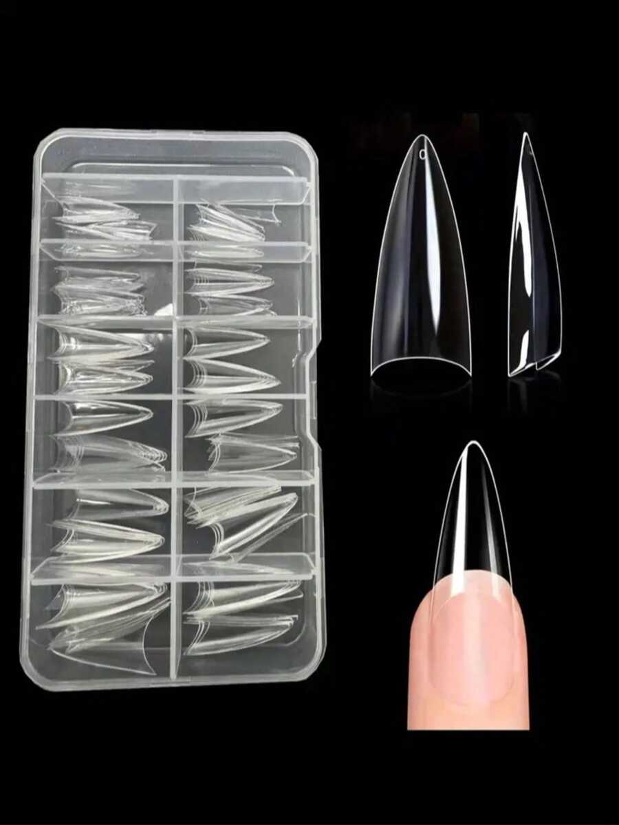 120 piezas de uñas postizas acrílicas de forma de almendra media, brillante, juego de manicura artificial - transparente - Ver 1