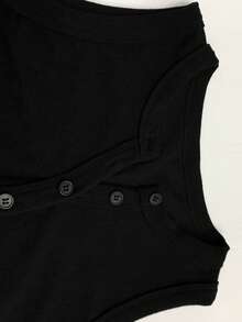 XLLAIS Summer Minimalist Solid Color Versatile Button Half-Placket Sleeveless Fitted Black Tank Top Casual - View 6