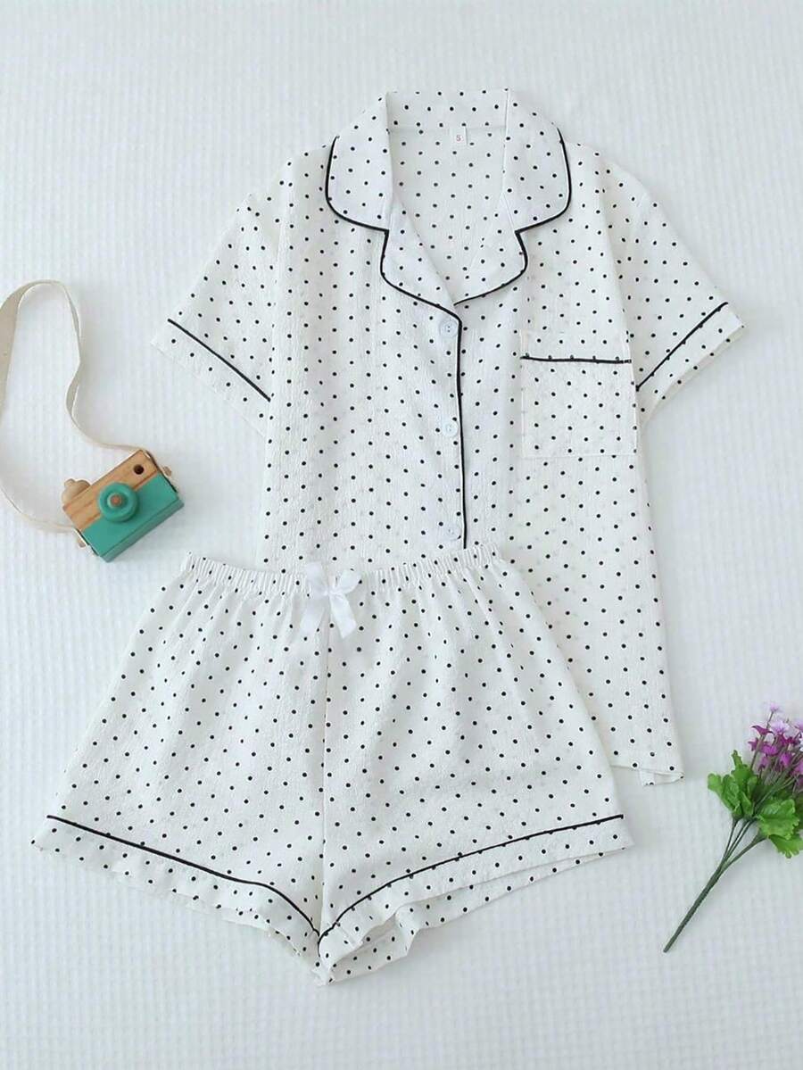 2pcs Women's Mini Polka Dot Printed Pajamas Set, Women's Comfortable Home Pajamas Set With Contrast Trim Button-Down Shirt And Bow Tie Shorts, Perfect For Home Wear In Summer White Set,Two Pieces Set, Spring/Summer - 白色 - 查看 1