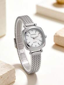 1件装女士时尚简约石英表，方形/圆形表盘，抛光银色表壳，优质合金材质，时尚金属表带，优雅低调的奢华设计，完美搭配现代休闲装束 - 白色 - 查看 2