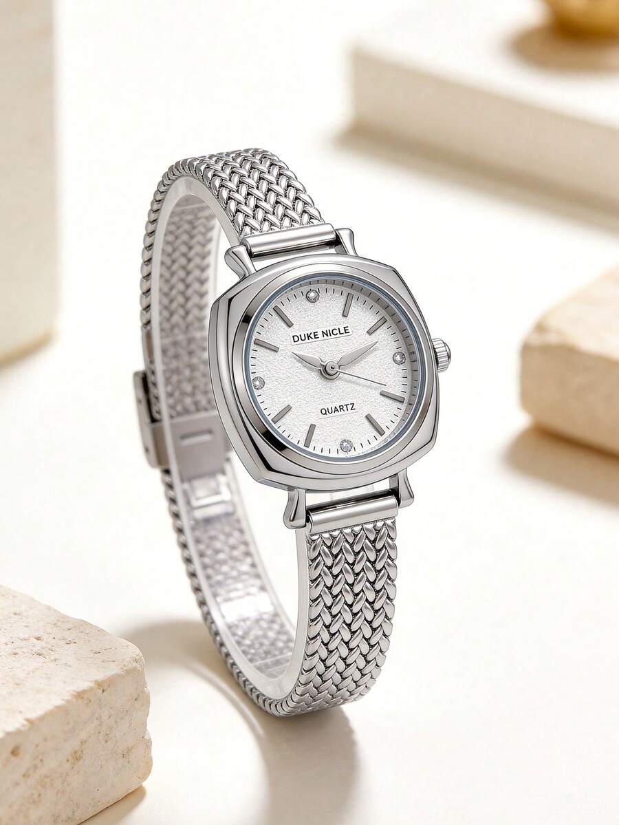 1件装女士时尚简约石英表，方形/圆形表盘，抛光银色表壳，优质合金材质，时尚金属表带，优雅低调的奢华设计，完美搭配现代休闲装束 - 白色 - 查看 1