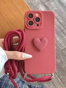 1pc Premium Burgundy Heart-Shaped Lanyard Strap, Suitable Compatible With Iphone 17 Pro Max, 16 Pro Max, 11, 15 Pro, 16 Plus Silicone Protective Phone Case, Minimalist 3D Heart Design - Multicolor - View 1